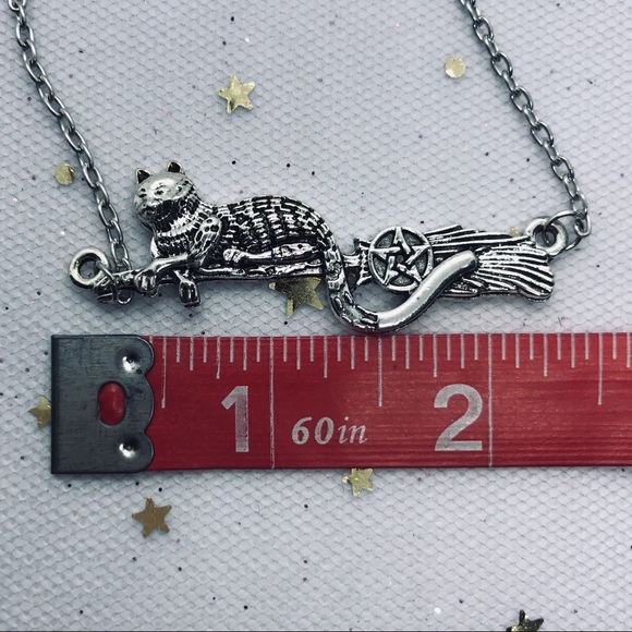 Cat on Broom Pentagram Pagan Witch Necklace - Picture 2 of 3